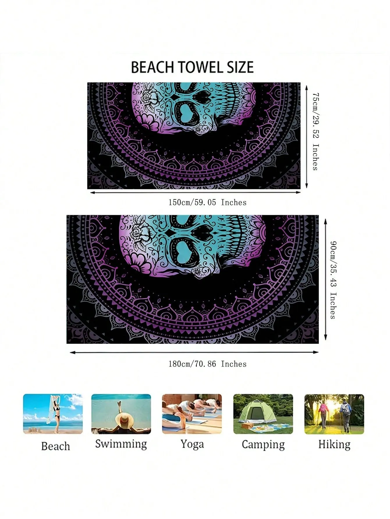 1 Beach Towel, 75CM * 150CM, Purple Half Skull Printed Outdoor Beach Towel, Beach Beach Towel, Beach Sun Protection Towel, Durable, Of Good Quality, Suitable For Both Men And Women, Age Friendly, Machine Washable