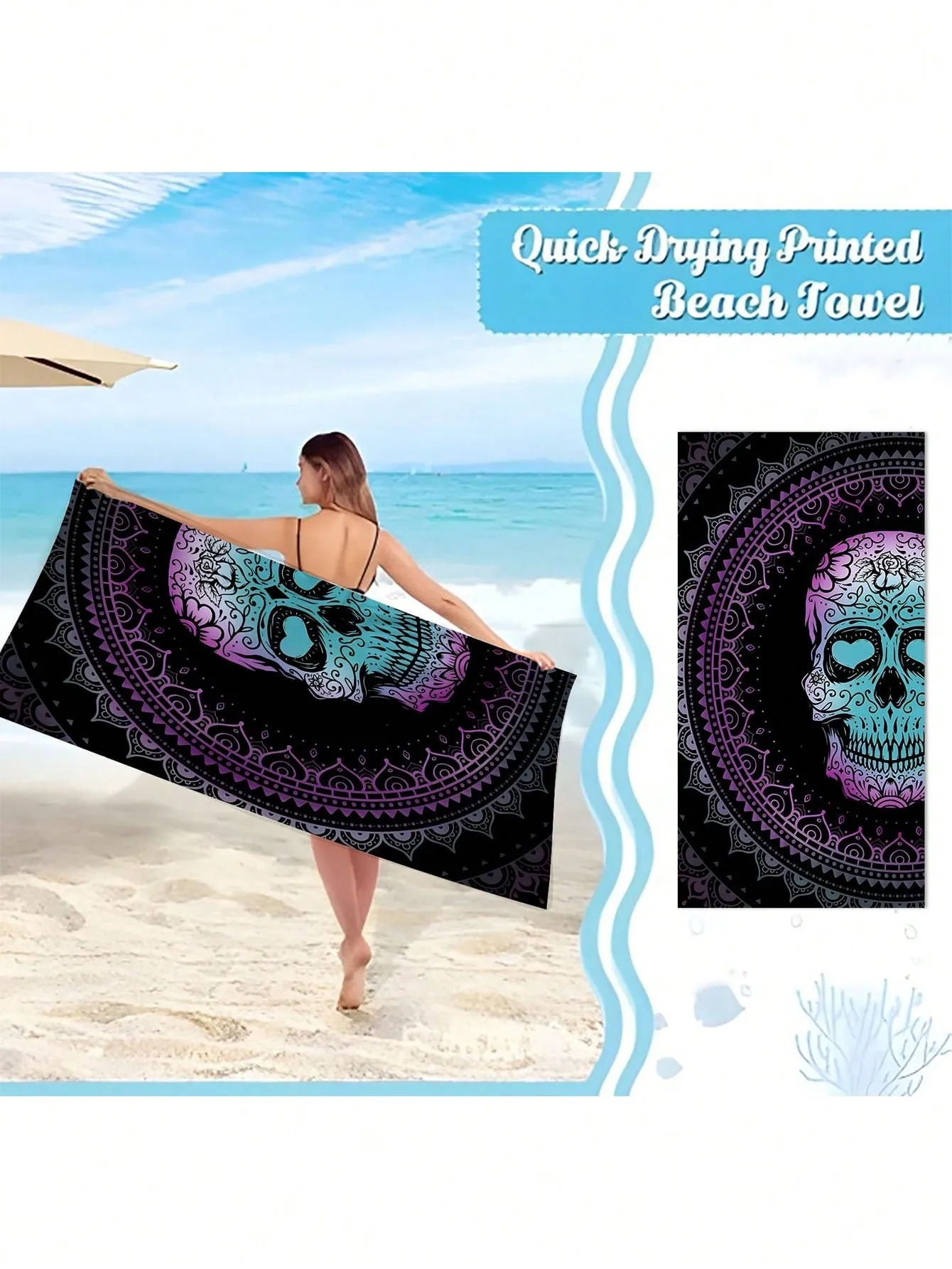 1 Beach Towel, 75CM * 150CM, Purple Half Skull Printed Outdoor Beach Towel, Beach Beach Towel, Beach Sun Protection Towel, Durable, Of Good Quality, Suitable For Both Men And Women, Age Friendly, Machine Washable