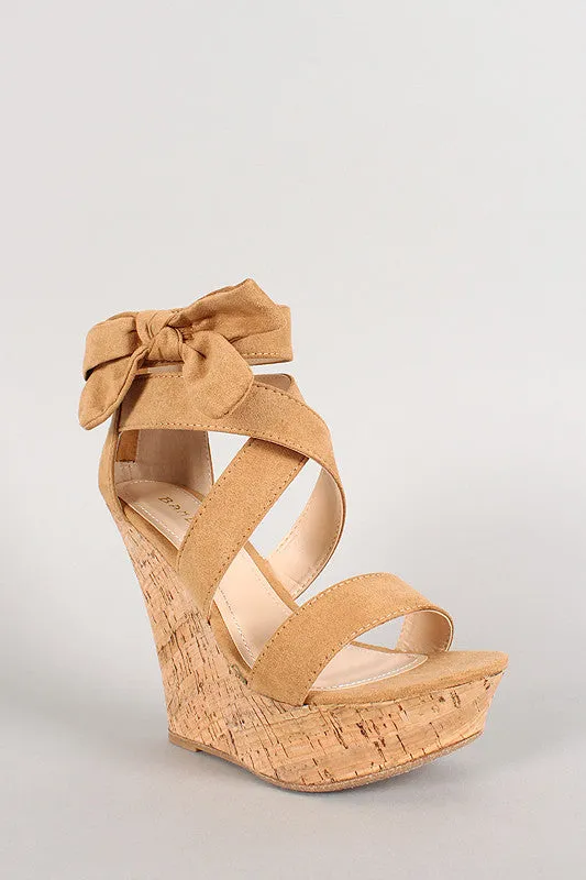 Bamboo Suede Bow Open Toe Platform Wedge