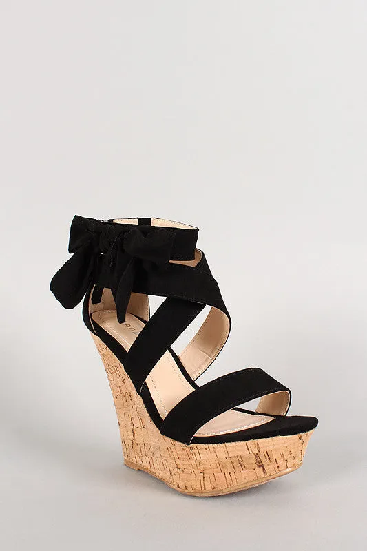 Bamboo Suede Bow Open Toe Platform Wedge