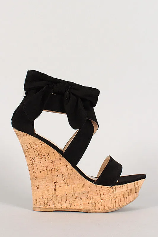 Bamboo Suede Bow Open Toe Platform Wedge