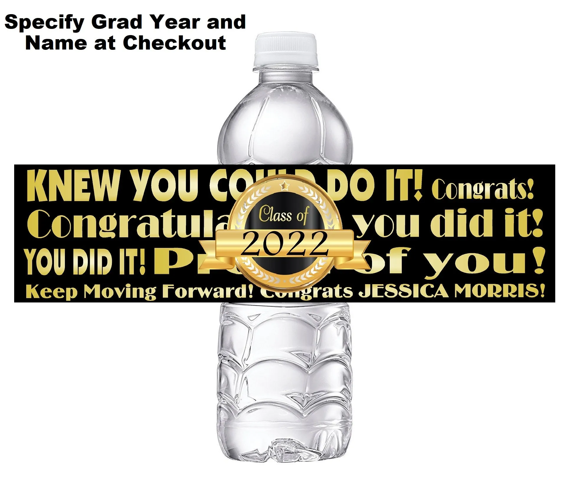 Black White and Gold Graduation Party Favors Water Bottle Labels Wrappers Supplies Personalized Unique ideas decor