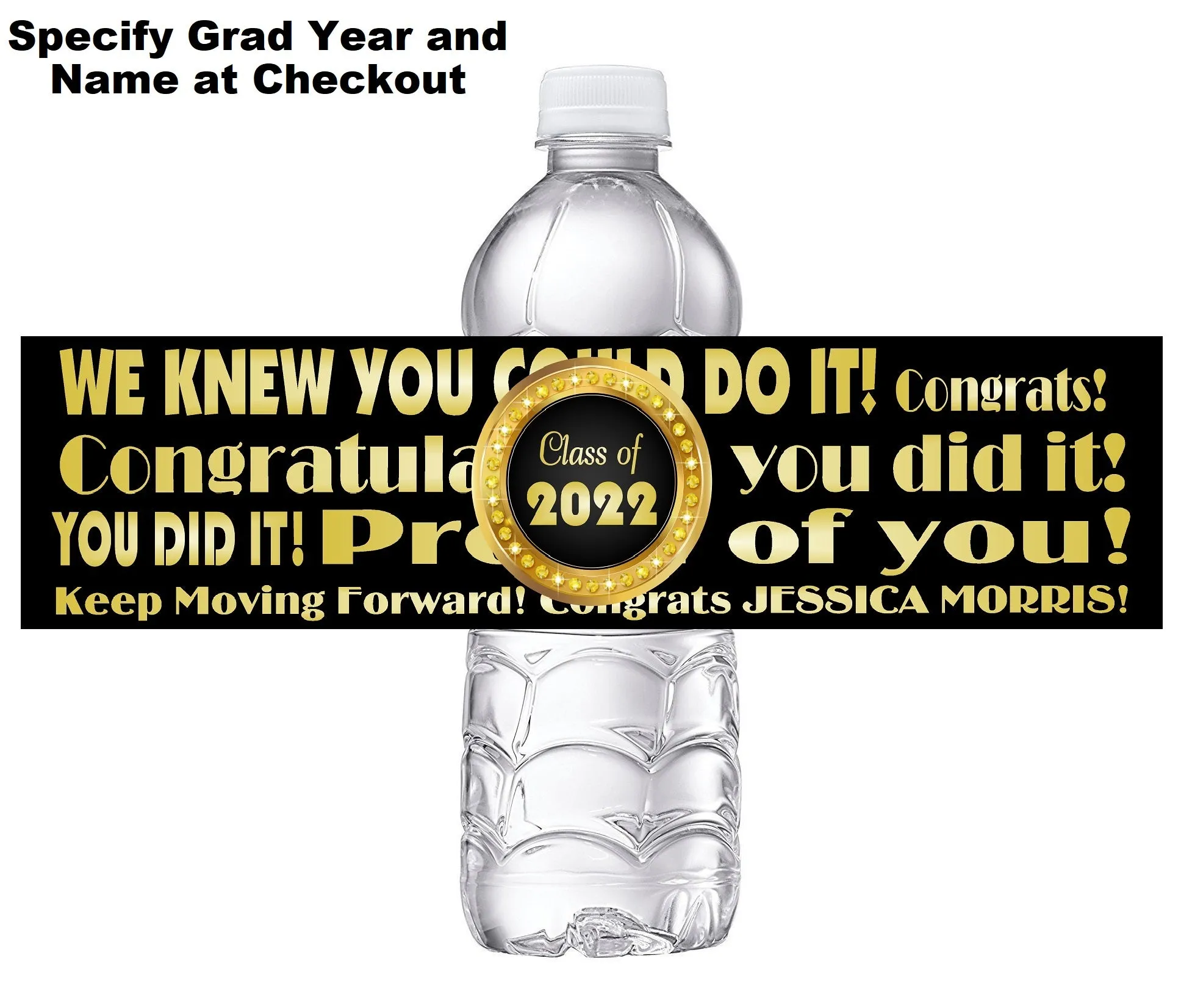 Black White and Gold Graduation Party Favors Water Bottle Labels Wrappers Supplies Personalized Unique ideas decor