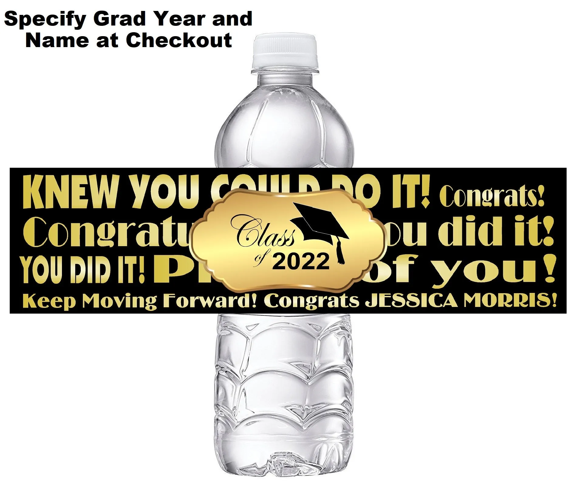 Black White and Gold Graduation Party Favors Water Bottle Labels Wrappers Supplies Personalized Unique ideas decor