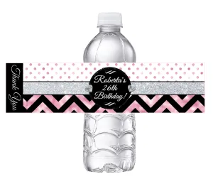 Black White Silver and Rose Gold Dusty Rose Pink Chevron Party Favors Birthday Water Bottle Labels Wrappers Supplies Personalized ideas decor Unique