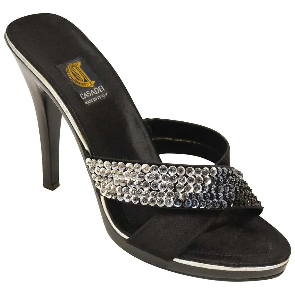 Casadei Black Satin and Sequin Strappy Sandals