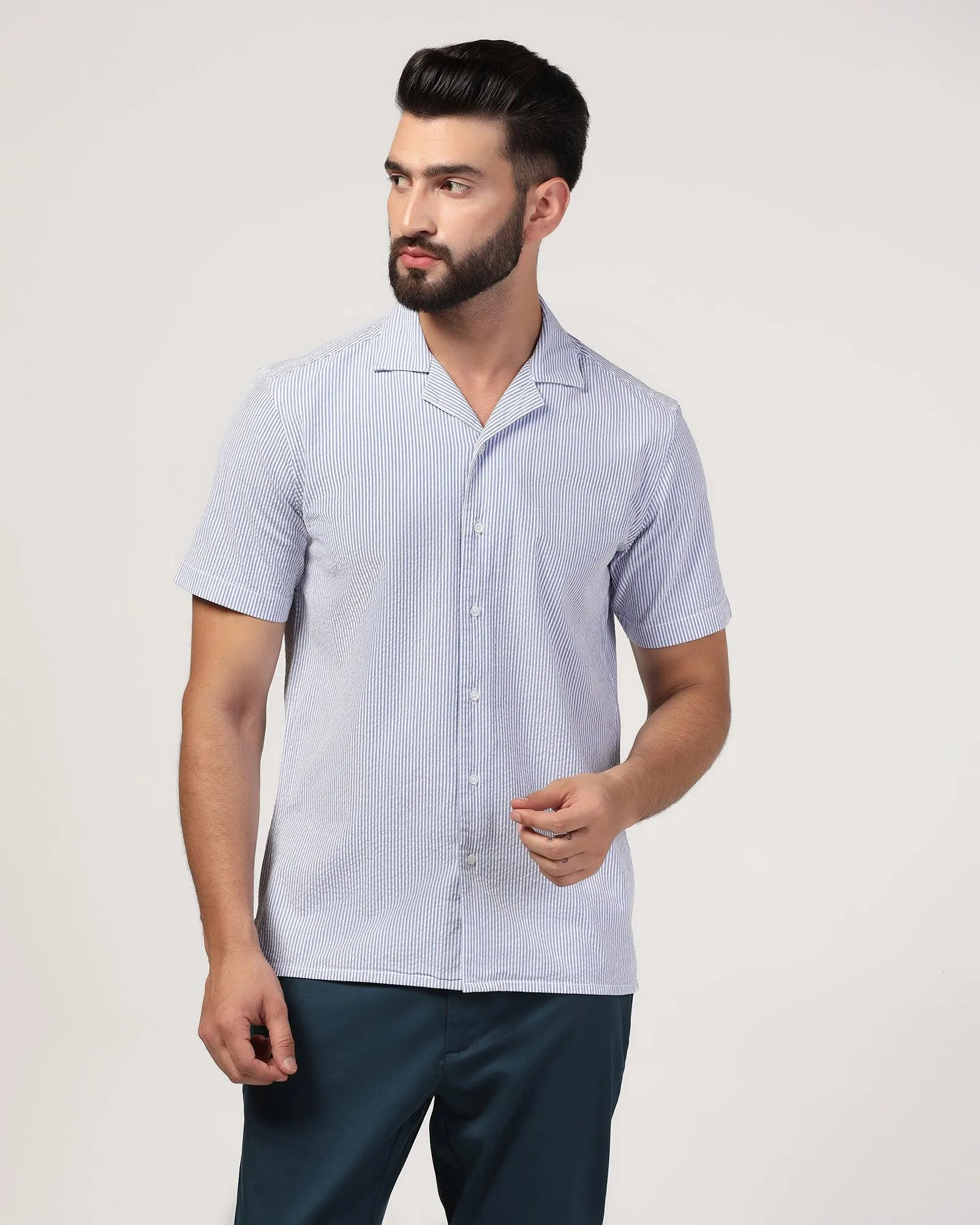 Casual Half Sleeve Blue Textured Shirt - Jaffy