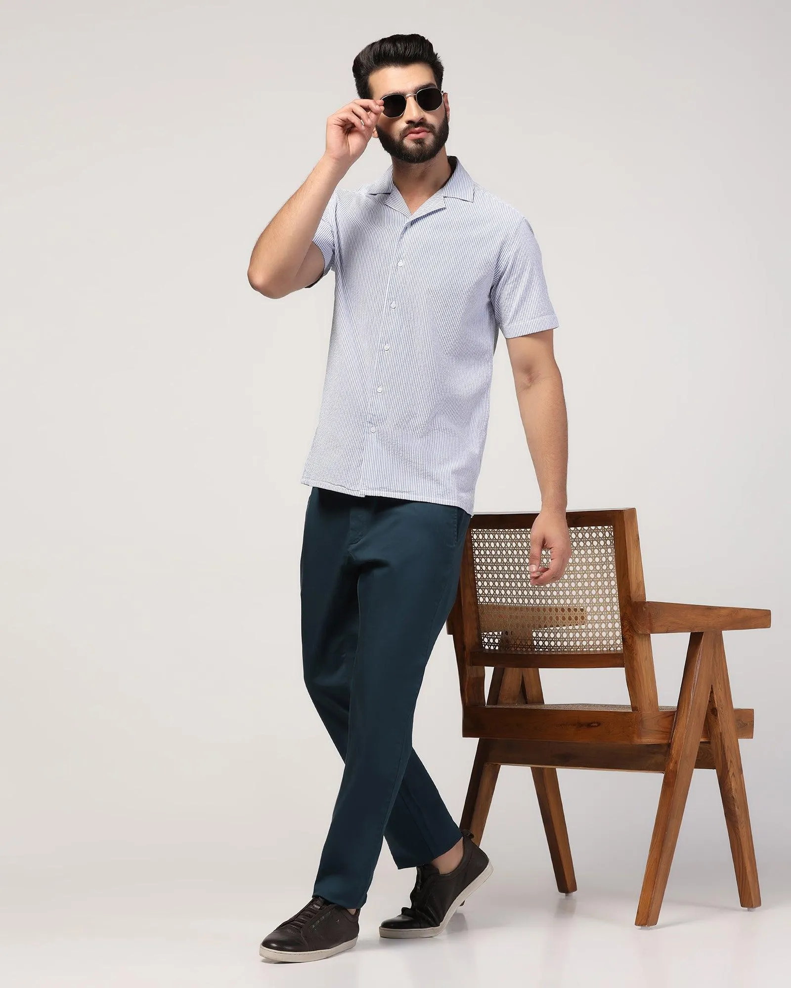 Casual Half Sleeve Blue Textured Shirt - Jaffy