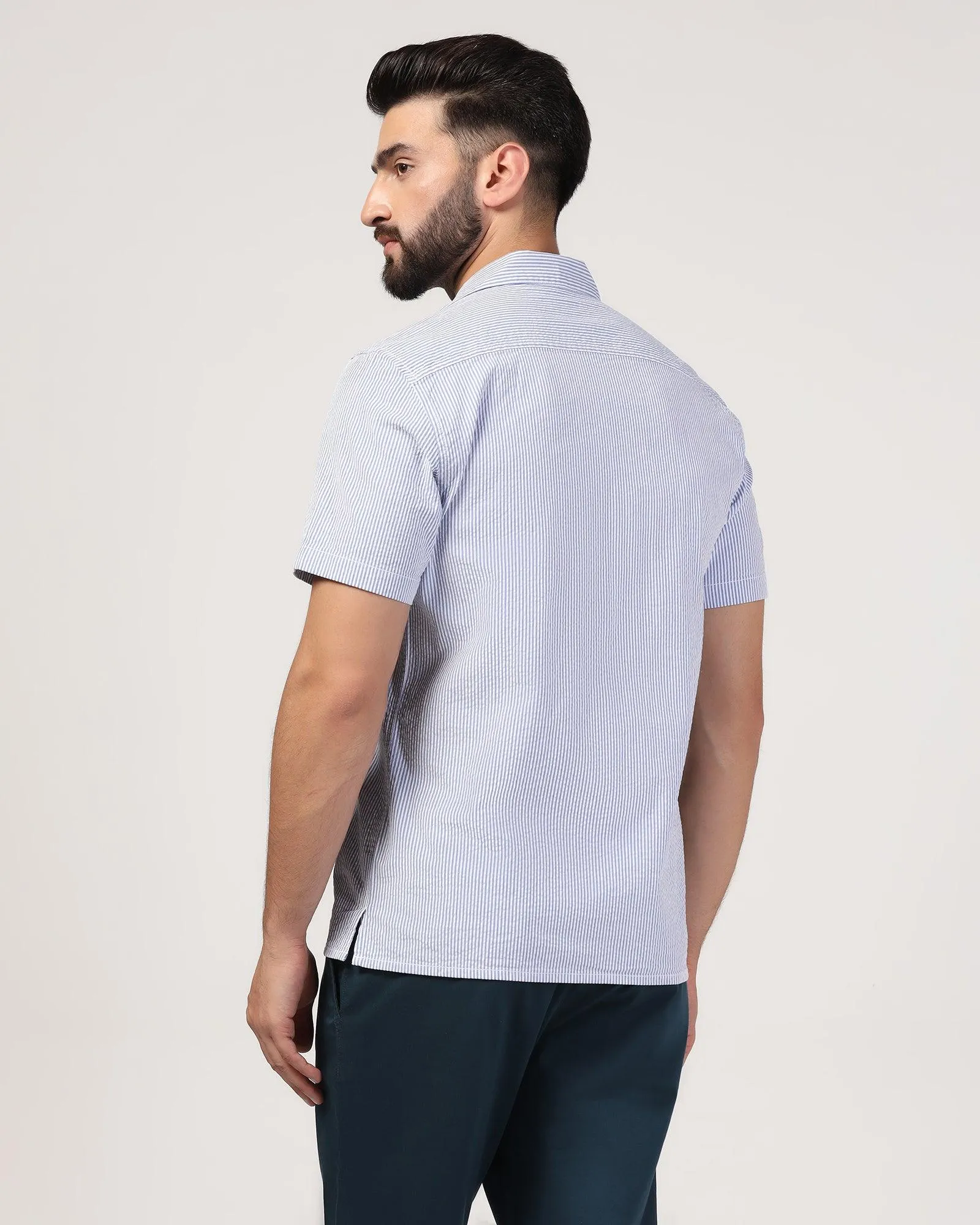 Casual Half Sleeve Blue Textured Shirt - Jaffy