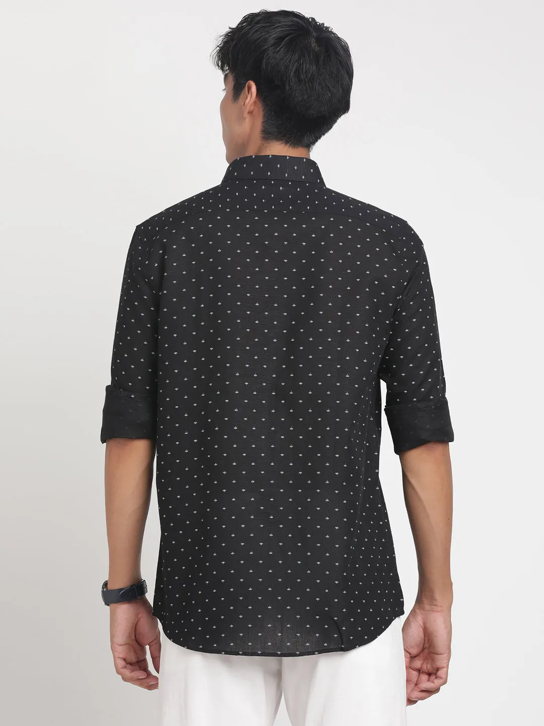 Cotton Linen Black Printed Slim Fit Full Sleeve Formal Shirt