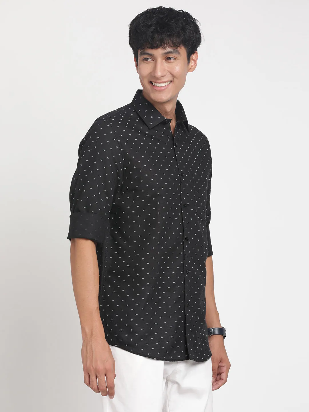 Cotton Linen Black Printed Slim Fit Full Sleeve Formal Shirt