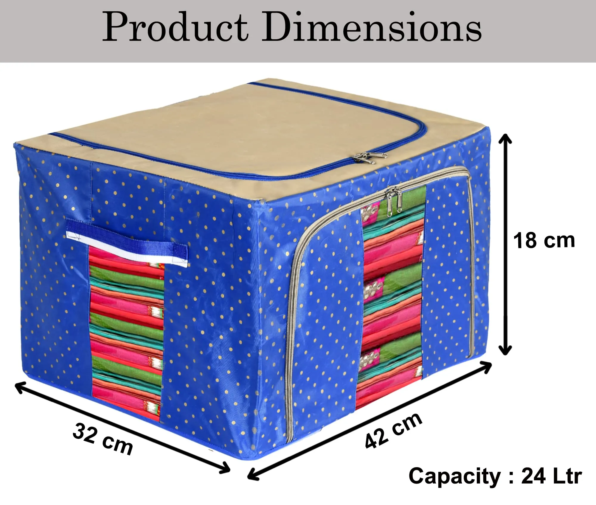 Heart Home Dot Printed Steel Frame Living Box, Closet Organizer, Cloth Storage Boxes for Wardrobe With Clear Window, 24Ltr.- Pack of 2 (Blue & Brown)-44HH0220