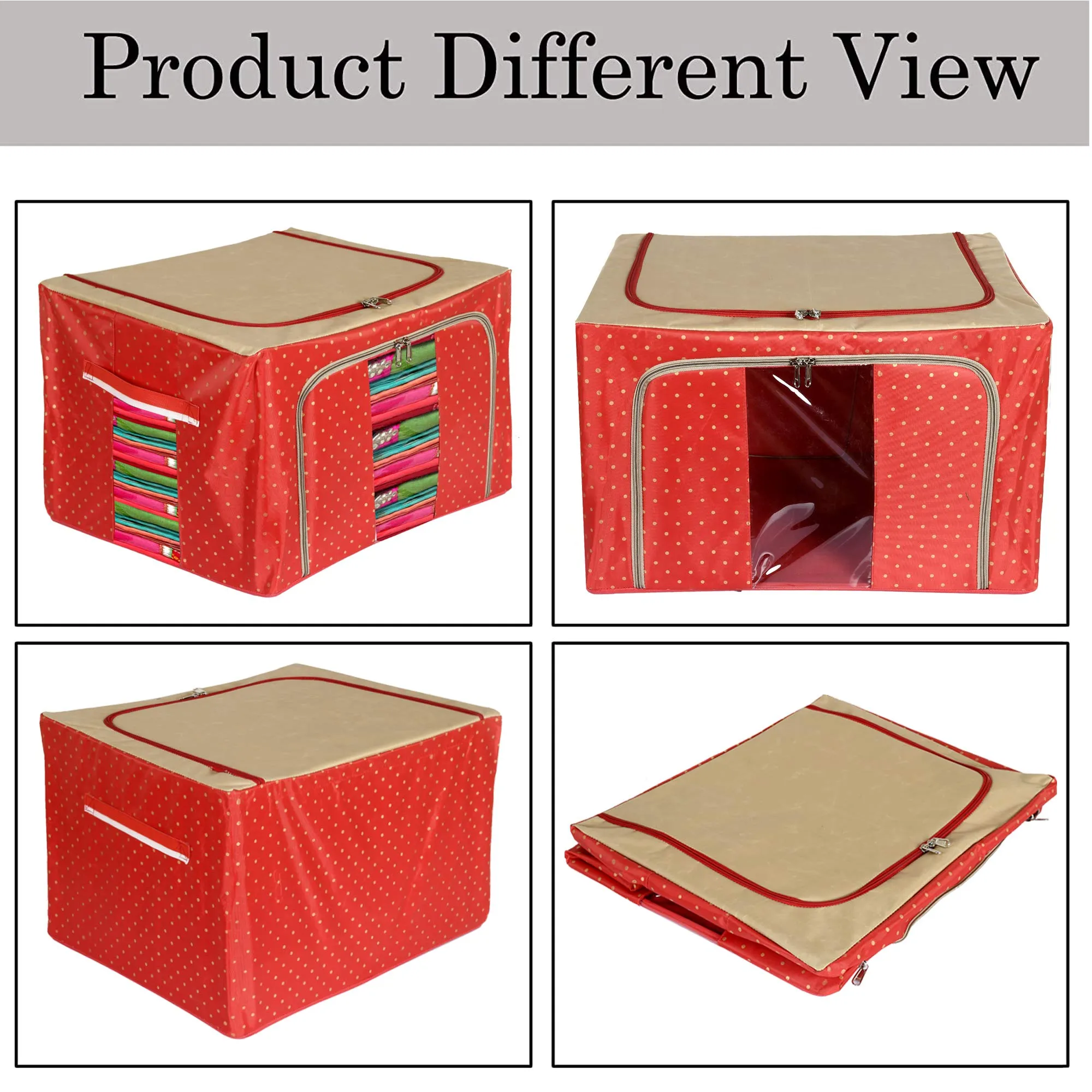 Heart Home Dot Printed Steel Frame Storage Box/Organizer For Clothing, Blankets, Bedding With Clear Window, 66Ltr. (Red & Brown)-44HH0245