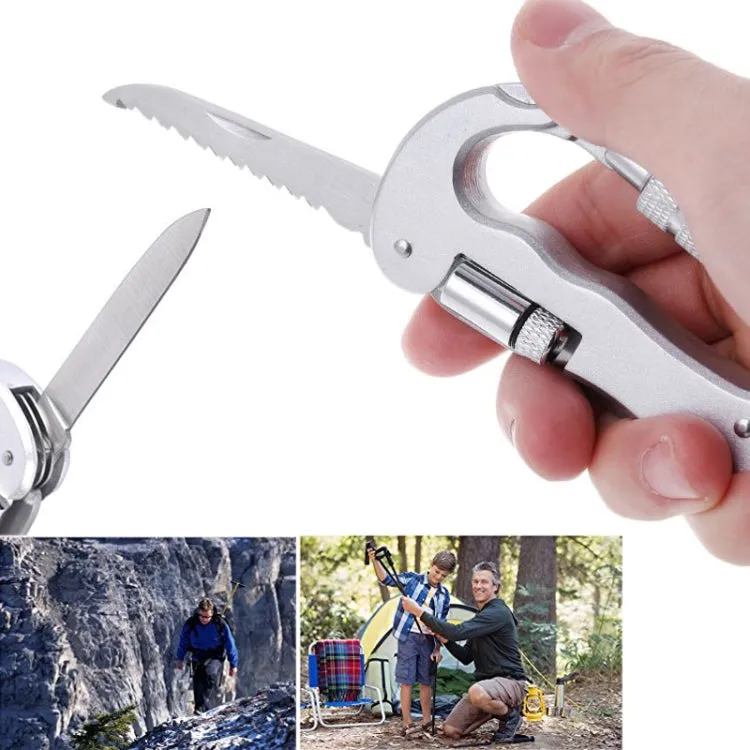 Heavy Duty D Shape Carabiner Clip-On Clamp Key Chain Hook with Dual Knife & LED Torch(Silver)