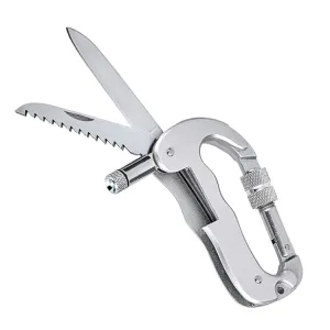 Heavy Duty D Shape Carabiner Clip-On Clamp Key Chain Hook with Dual Knife & LED Torch(Silver)