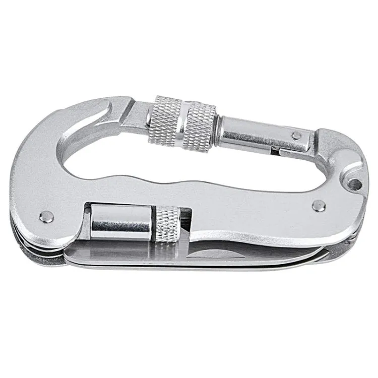 Heavy Duty D Shape Carabiner Clip-On Clamp Key Chain Hook with Dual Knife & LED Torch(Silver)