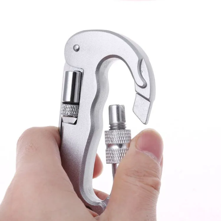 Heavy Duty D Shape Carabiner Clip-On Clamp Key Chain Hook with Dual Knife & LED Torch(Silver)