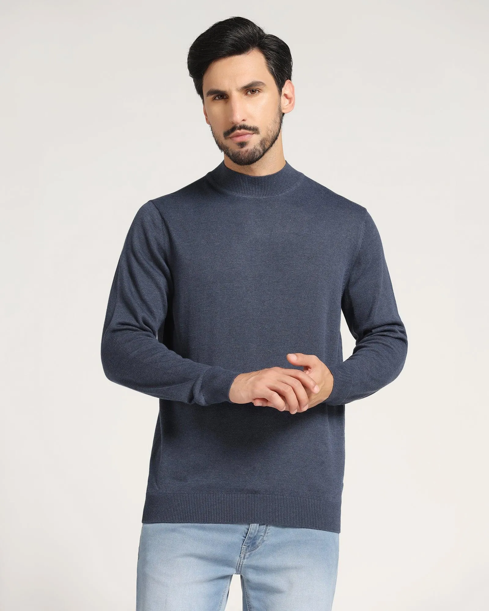 High Neck Navy Solid Sweater - Dexter