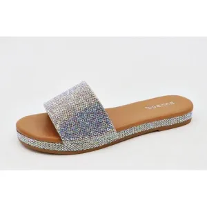 Iridescent Rhinestone Wide Strap Sandals