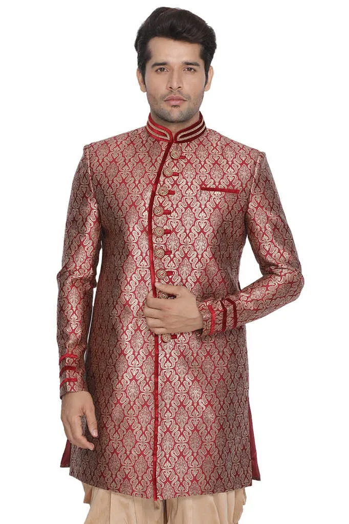 Jashvi Men's Maroon Silk Blend Sherwani-Only Top