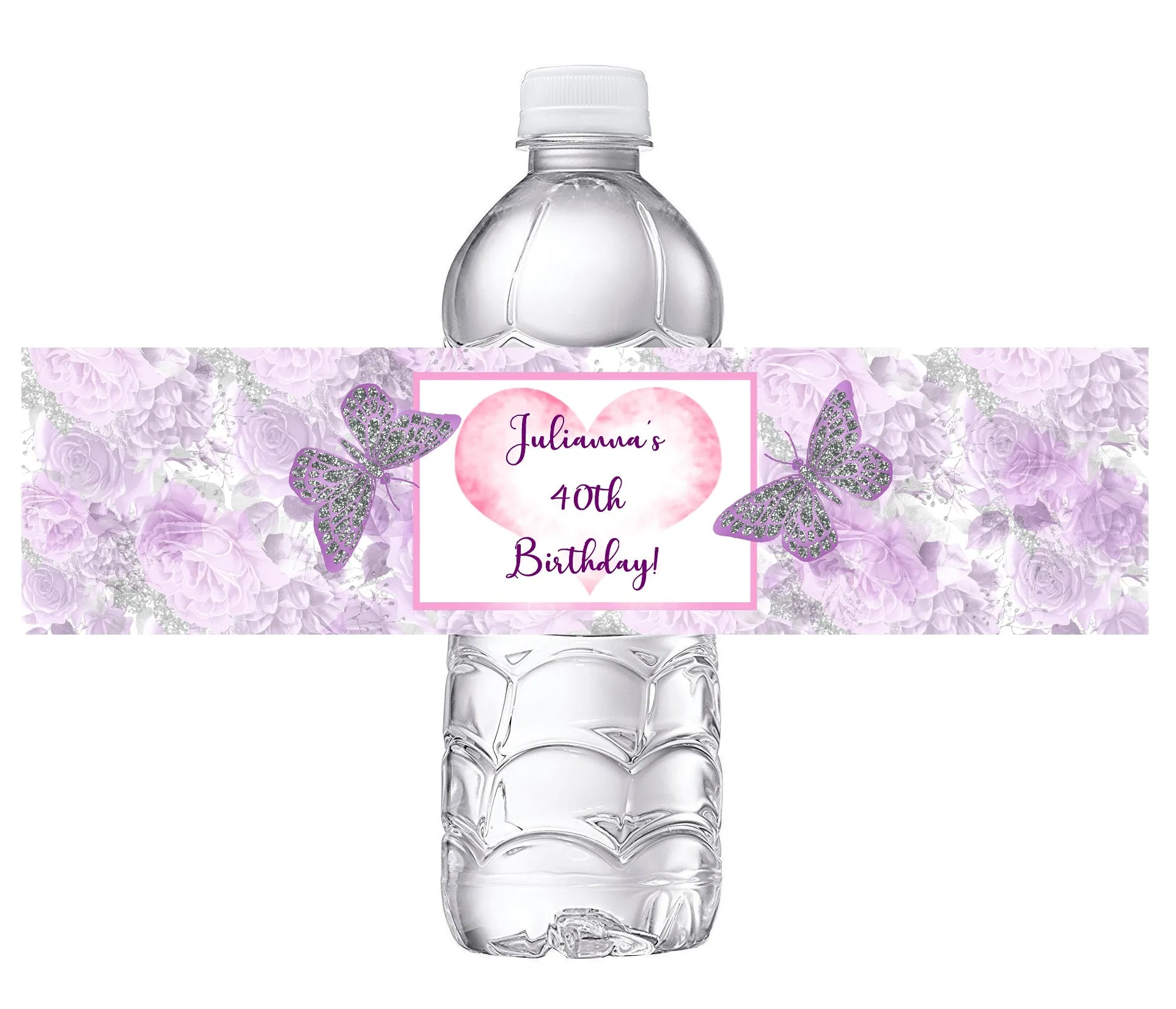 Lavender Purple Pink White Butterflies Flowers Floral Party Favors Birthday Water Bottle Labels Wrappers Supplies Personalized Unique