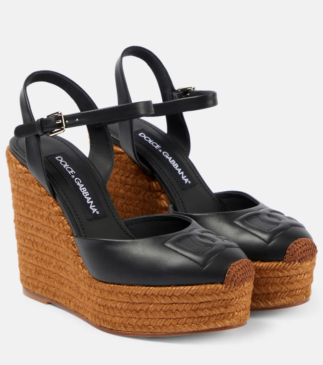 Leather wedge espadrilles with embroidered Dolce&Gabbana logo, black