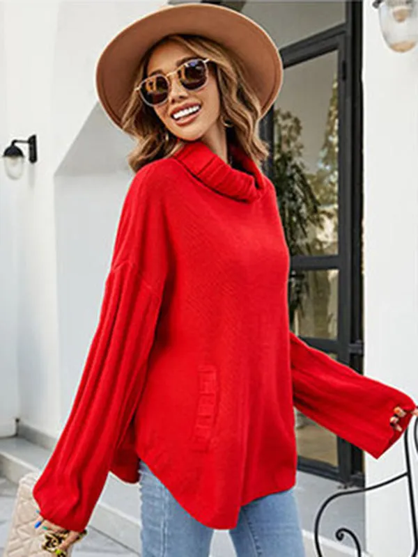 Loose Long Sleeves Solid Color High-Neck With Pockets Sweater Tops