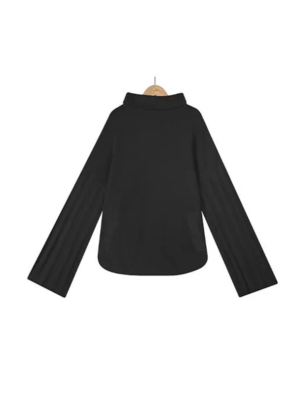 Loose Long Sleeves Solid Color High-Neck With Pockets Sweater Tops