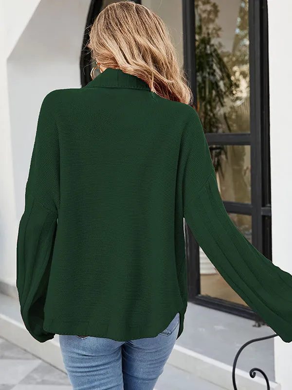 Loose Long Sleeves Solid Color High-Neck With Pockets Sweater Tops