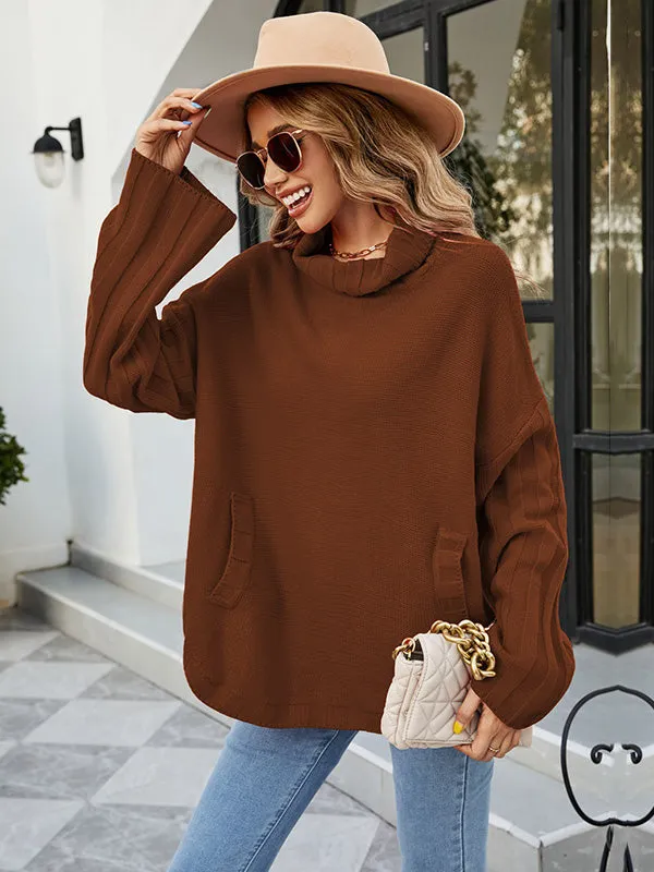 Loose Long Sleeves Solid Color High-Neck With Pockets Sweater Tops