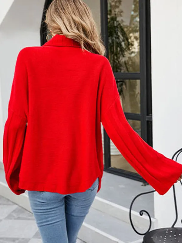 Loose Long Sleeves Solid Color High-Neck With Pockets Sweater Tops