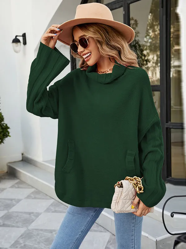 Loose Long Sleeves Solid Color High-Neck With Pockets Sweater Tops