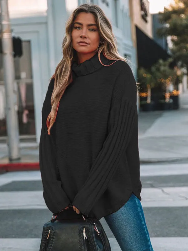 Loose Long Sleeves Solid Color High-Neck With Pockets Sweater Tops