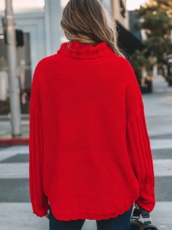 Loose Long Sleeves Solid Color High-Neck With Pockets Sweater Tops