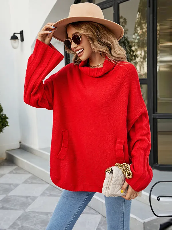 Loose Long Sleeves Solid Color High-Neck With Pockets Sweater Tops