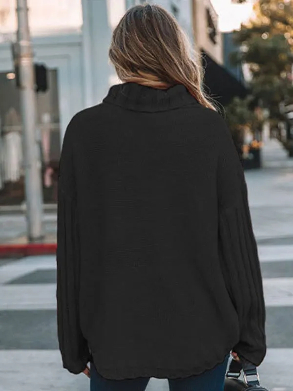 Loose Long Sleeves Solid Color High-Neck With Pockets Sweater Tops