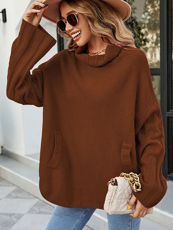 Loose Long Sleeves Solid Color High-Neck With Pockets Sweater Tops