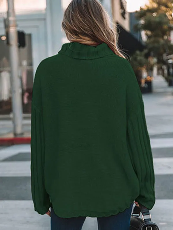 Loose Long Sleeves Solid Color High-Neck With Pockets Sweater Tops