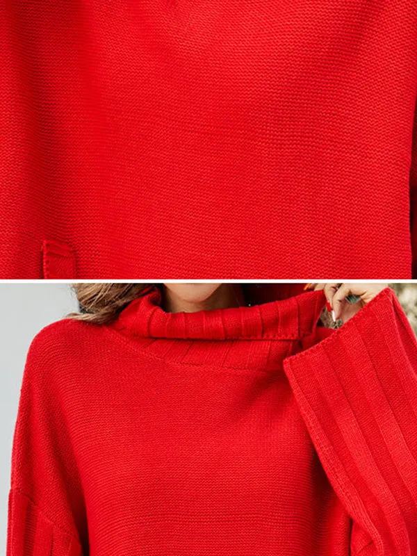 Loose Long Sleeves Solid Color High-Neck With Pockets Sweater Tops