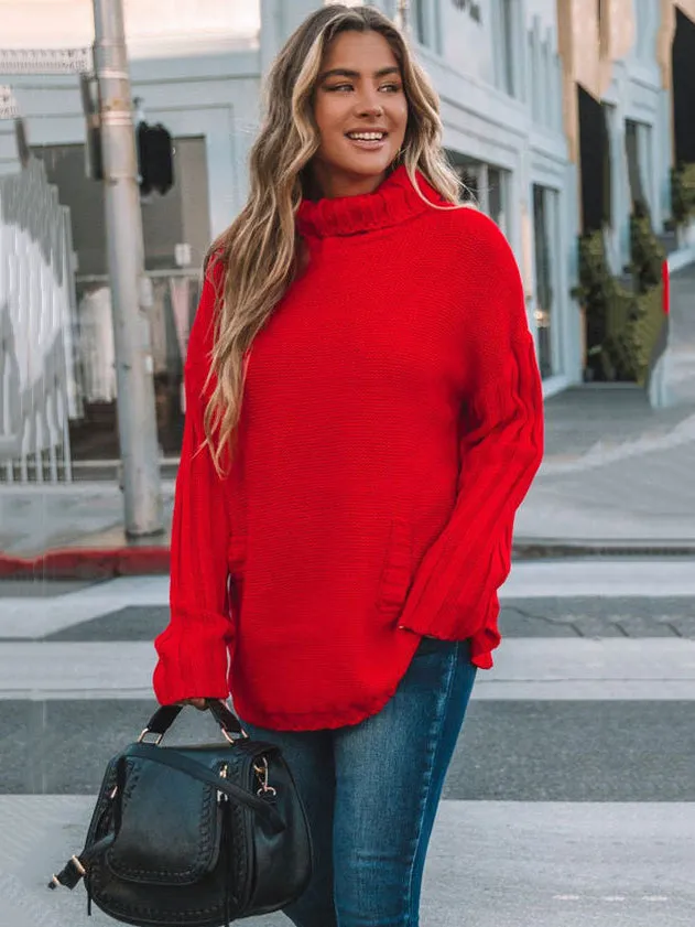 Loose Long Sleeves Solid Color High-Neck With Pockets Sweater Tops