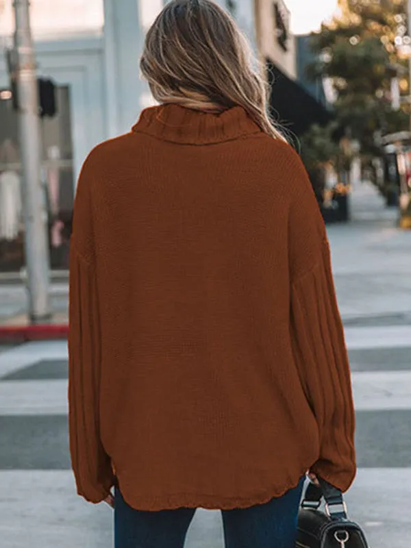 Loose Long Sleeves Solid Color High-Neck With Pockets Sweater Tops