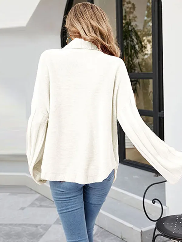 Loose Long Sleeves Solid Color High-Neck With Pockets Sweater Tops