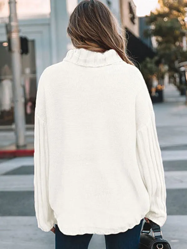 Loose Long Sleeves Solid Color High-Neck With Pockets Sweater Tops