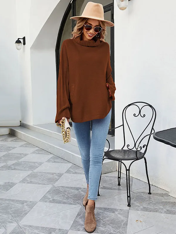 Loose Long Sleeves Solid Color High-Neck With Pockets Sweater Tops