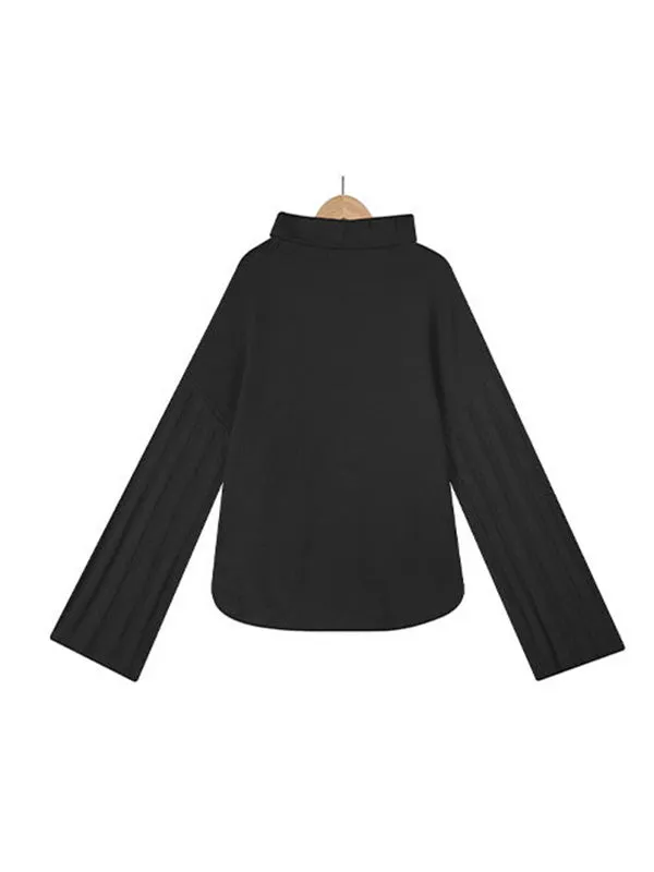 Loose Long Sleeves Solid Color High-Neck With Pockets Sweater Tops