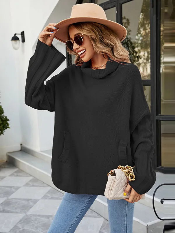 Loose Long Sleeves Solid Color High-Neck With Pockets Sweater Tops