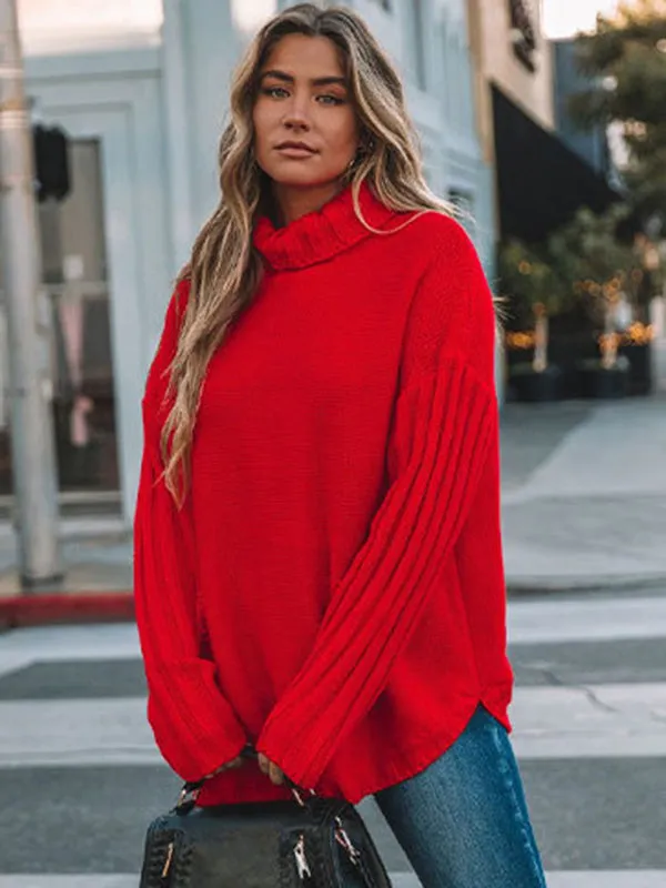 Loose Long Sleeves Solid Color High-Neck With Pockets Sweater Tops