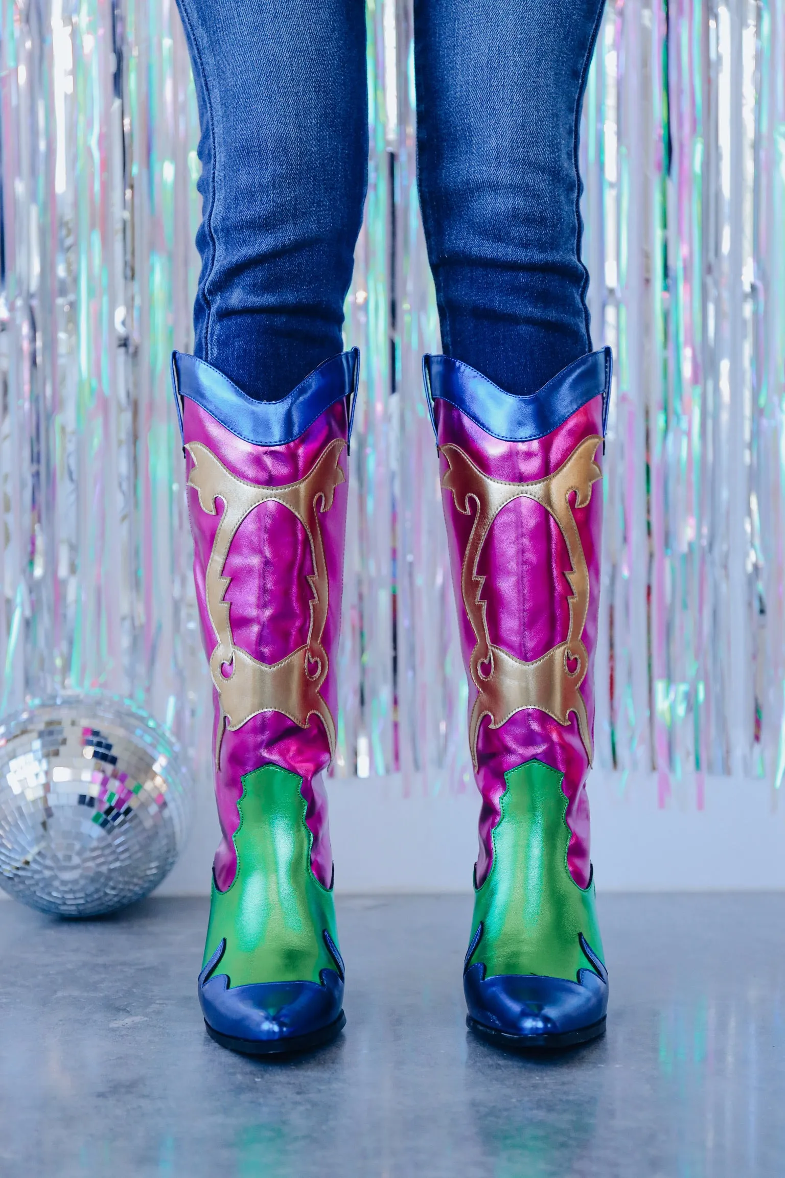 Mardi Gras Flare Heeled Boots - Pink