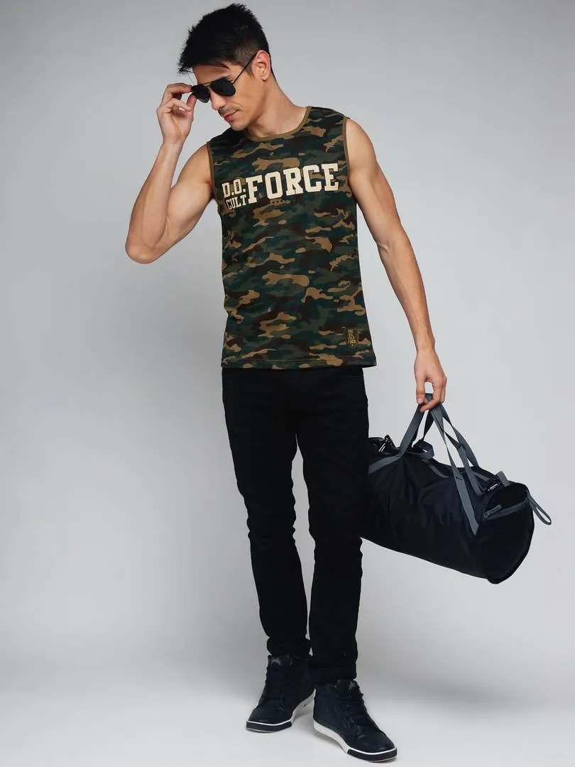 Men Multicoloured Cotton Sleeveless Camo Printed Round Neck Tees