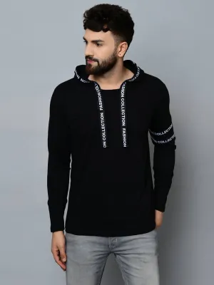 Men's Black Cotton Blend Self Pattern Hooded Tees